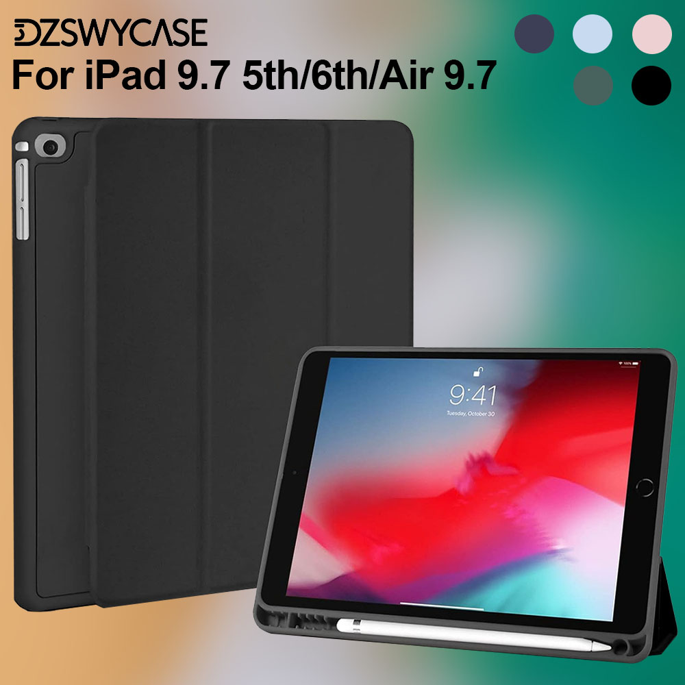 Ipad Cover Folio - iPad 9.7インチ第6/5世代/Air 9.7世代2018/2017ケースと互換性あり、ペンシルホルダー付き保護カバー、自動スリープ/ウェイク機能付き