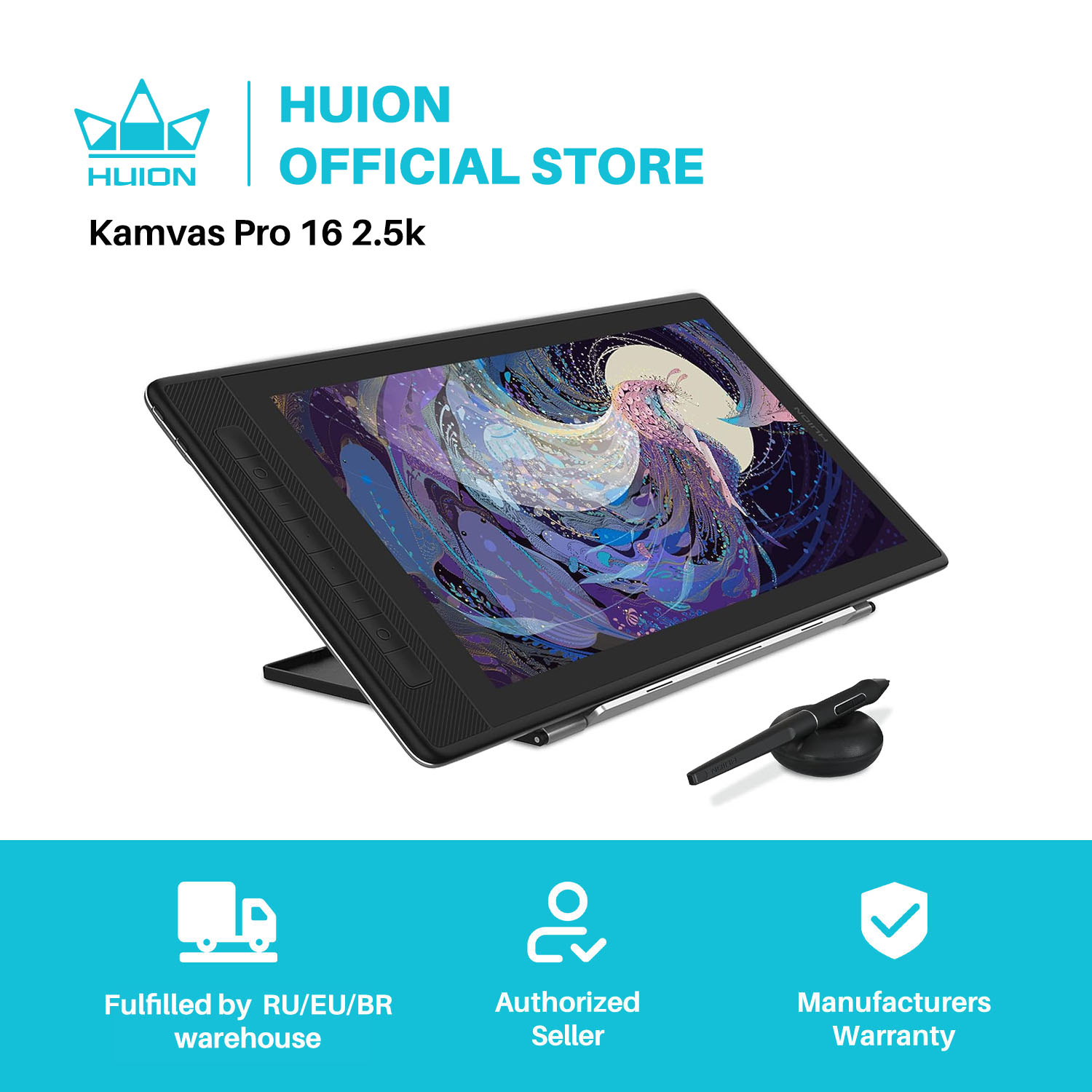 Huion Tablet Accessories - Huion kamvas pro 16 2.5k qhd描画タブレット、スクリーン付きqledフルラミネートグラフィックタブレット、バッテリー不要のペン付き、15.6インチ