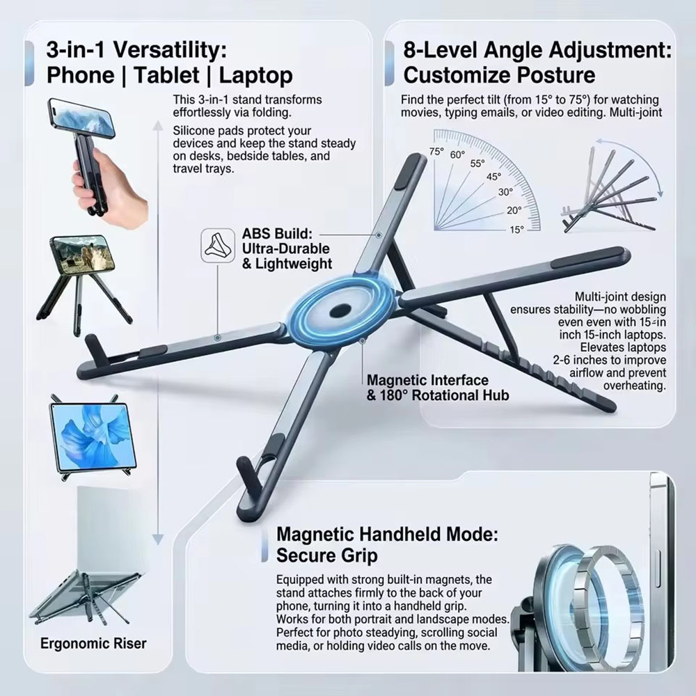 Essential Tablet Accessories - 携帯電話用マグネット式ホルダー＆自撮り棒 3-in-1 折りたたみ式三脚スタンド iPhone、iPad、タブレット、ノートパソコン、デスクトップ用