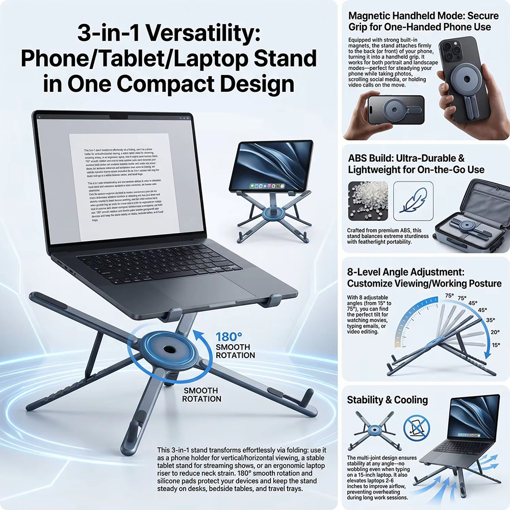 携帯電話用マグネット式ホルダー＆自撮り棒 3-in-1 折り - Essential Tablet Accessories のレビューと価格